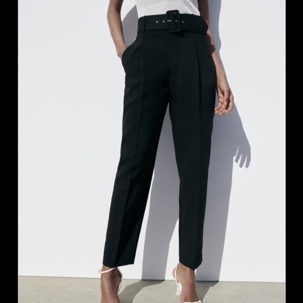 Zara High Waist Pants Trousers with Belt Black